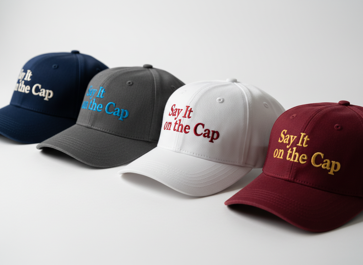 A collection of premium embroidered caps arranged in a gentle arc on a matte white studio surface, each cap a different solid color—deep navy, charcoal gray, crisp white, and rich burgundy. The embroidery on each front panel is sharply defined, showcasing clean, professional typography that reads “Say it on the Cap” in varied thread colors with a subtle sheen. Soft, diffused studio lighting from above and slightly to the left highlights the texture of the twill fabric and the precise stitching, casting delicate shadows beneath the curved brims. Shot at eye level with a shallow depth of field, the front center cap is in razor-sharp focus while the others softly blur, creating a clean, modern, photographic realism suitable for a professional brand homepage.