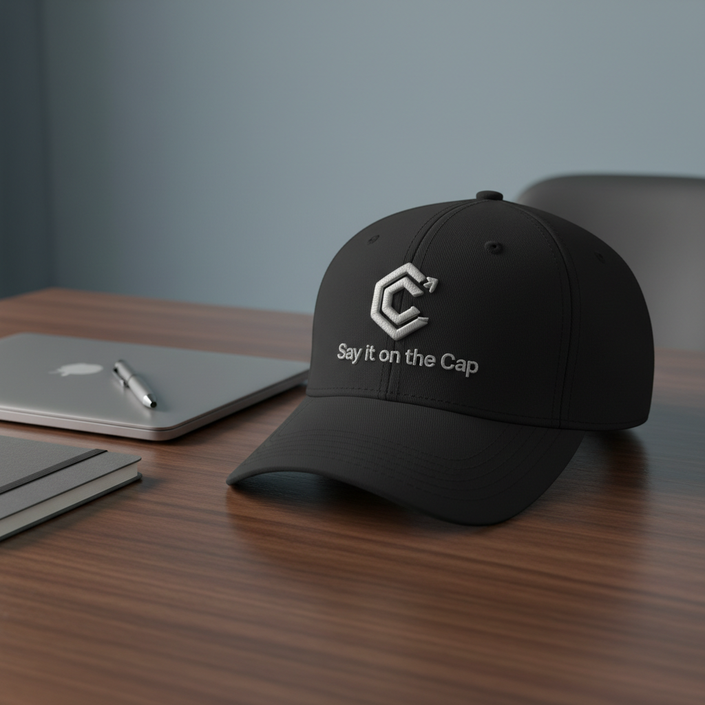 A single high-end black structured baseball cap in pristine condition, featuring bold, metallic silver embroidery of a minimalist logo and the phrase “Say it on the Cap” across the front panel. The cap rests on a sleek, dark wood desk beside a closed silver laptop and a slim notebook, suggesting a professional workspace. Soft, directional studio lighting from the right creates subtle highlights along the cap’s curved brim and emphasizes the dense, raised embroidery thread. The background is intentionally blurred in cool gray tones, maintaining a calm, focused atmosphere. Captured from a slightly elevated three-quarter angle with crisp focus on the logo area, the composition follows the rule of thirds and conveys a clean, modern business aesthetic in realistic photographic style.