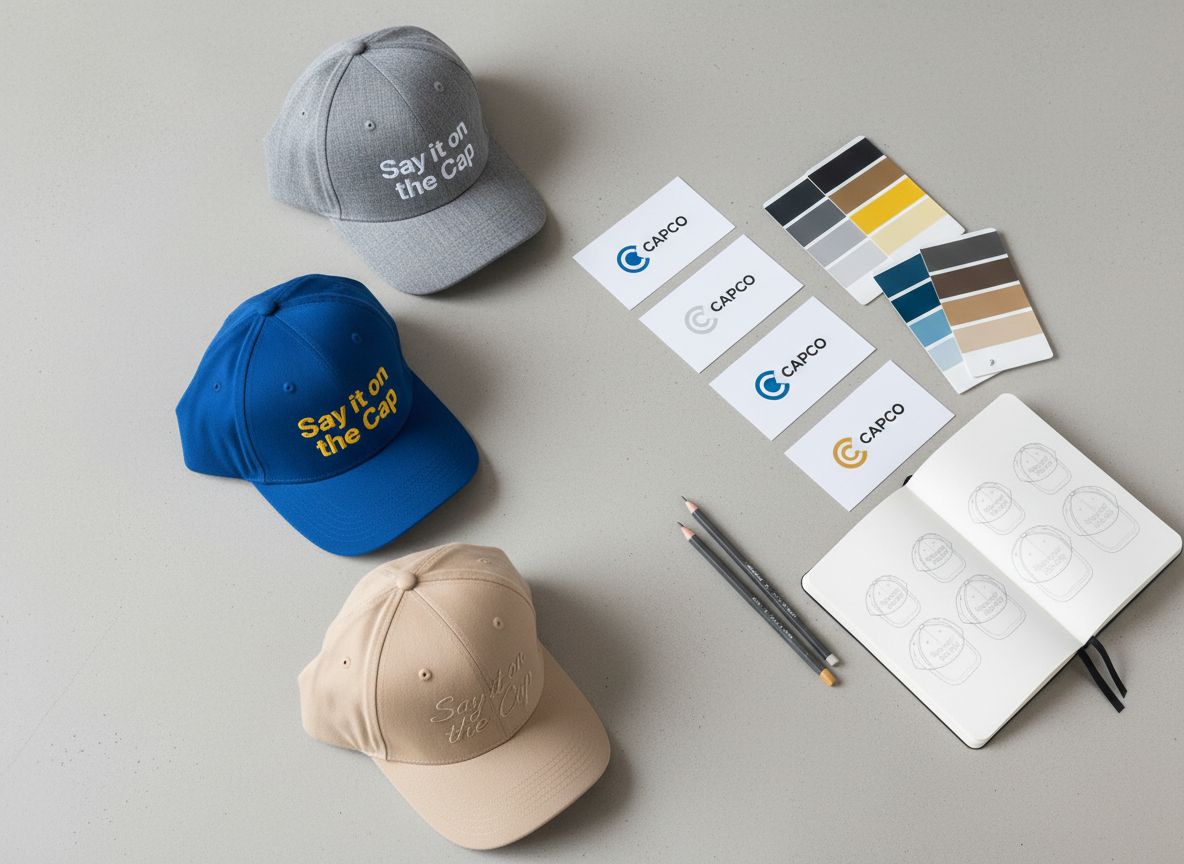 An overhead, photographic realism shot of a flatlay branding scene featuring three embroidered caps arranged beside printed logo mockups and color swatch cards. One cap is heather gray with minimalist white embroidery, another is royal blue with contrasting yellow thread, and the third is sand beige with tone-on-tone stitching. All caps display precise, professional embroidery of the phrase “Say it on the Cap” in different font styles. They rest on a smooth, light concrete tabletop with subtle texture. Soft, even studio lighting eliminates harsh shadows, creating a calm, design-focused mood. The composition is meticulously organized with caps on one diagonal and design materials on the other, conveying a professional studio environment and highlighting customization possibilities for business clients.